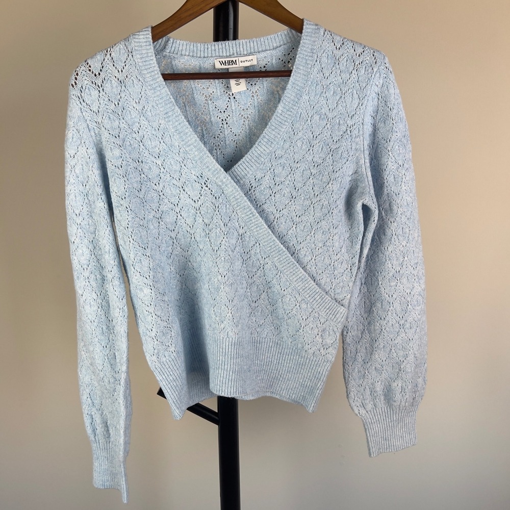 WHBM Outlet Light Blue Pointelle Faux Wrap V-Neck Sweater Small Womens